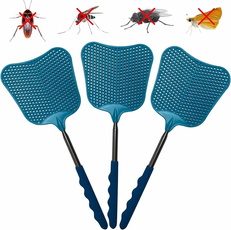 Jakeloo Telescopic Fly Swatter, 3 Pack Fly Swatter for Indoors Plastic Flyswatter Heavy Duty with Stainless Steel Telescopic Handle Ideal for Summer Home/Indoor/Outdoor/Classroom/Office (Blue) - Image 1